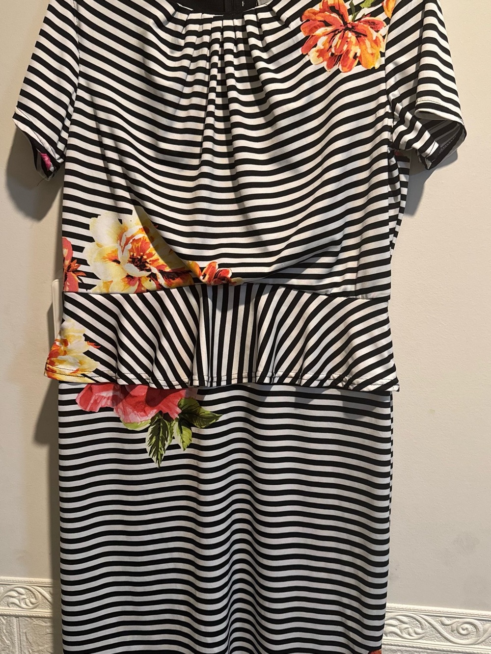 & Other Stories Black and White Striped Midi Dress with Floral Accents